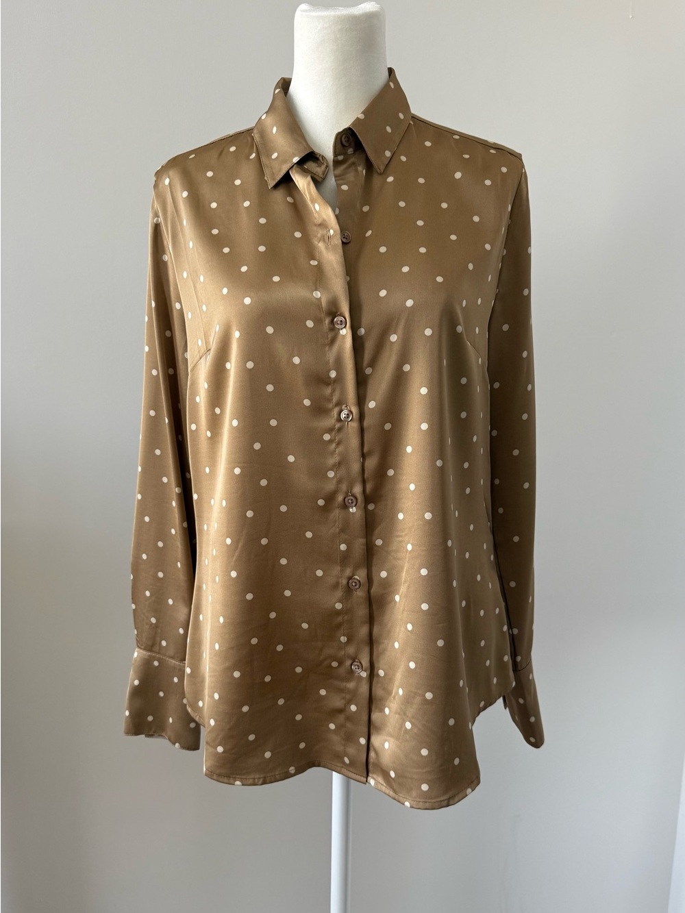 Banana Republic Polka Dot Satin Button-Up Blouse in Camel and Ivory